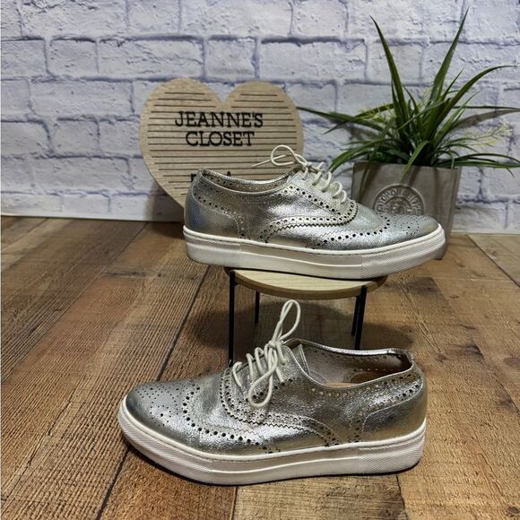 Shellys London Platform lace up Shoes Metallic Silver Sneaker Made in Spain - Picture 1 of 12